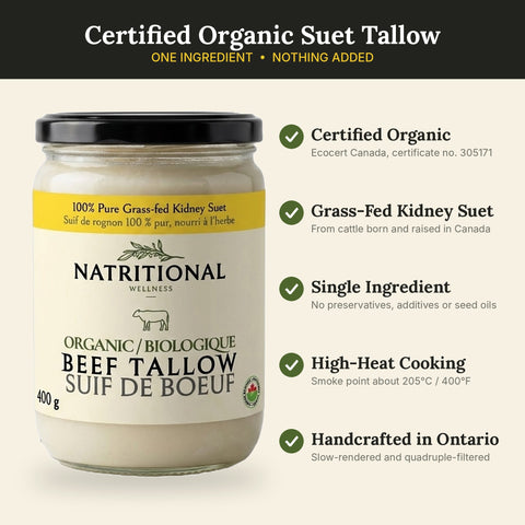 Certified organic suet tallow benefits: Ecocert Canada, grass-fed, single ingredient