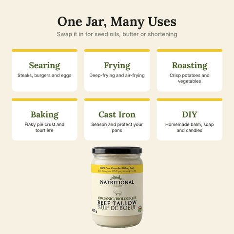 Ways to use organic beef tallow: searing, frying, roasting, baking, cast iron, DIY balm