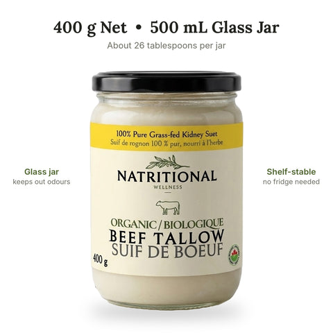 400 g net organic beef tallow in a 500 mL glass jar